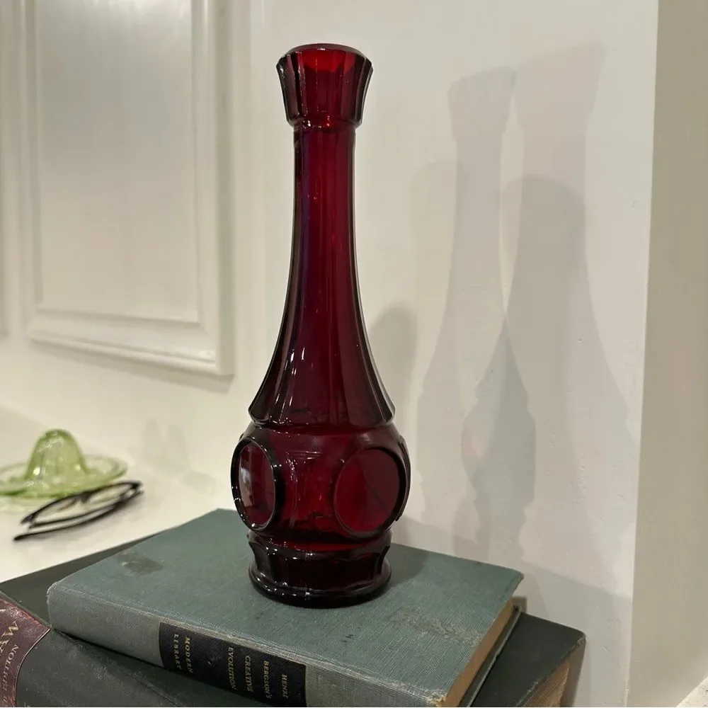Vintage Wheaton Depression glass ruby red 9” bud vase heavy tapered mid century